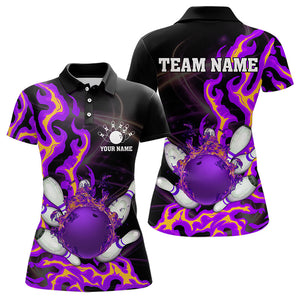 Purple Flame Fire Bowling Polo, Quarter Zip Shirt For Women Custom Bowling Team Shirt, Gift For Bowler NQS9373