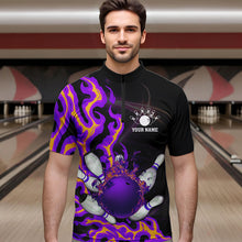 Load image into Gallery viewer, Purple Flame Fire Bowling Polo, Quarter Zip Shirts For Men Custom Bowling Team Shirts, Gift For Bowler NQS9373