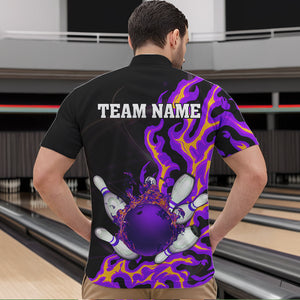 Purple Flame Fire Bowling Polo, Quarter Zip Shirts For Men Custom Bowling Team Shirts, Gift For Bowler NQS9373