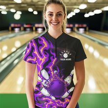 Load image into Gallery viewer, Purple Flame Fire Bowling Polo, Quarter Zip Shirt For Women Custom Bowling Team Shirt, Gift For Bowler NQS9373