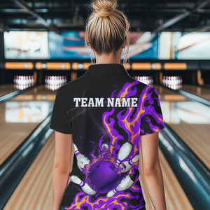 Purple Flame Fire Bowling Polo, Quarter Zip Shirt For Women Custom Bowling Team Shirt, Gift For Bowler NQS9373