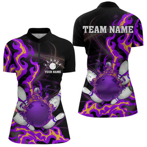 Purple Flame Fire Bowling Polo, Quarter Zip Shirt For Women Custom Bowling Team Shirt, Gift For Bowler NQS9373