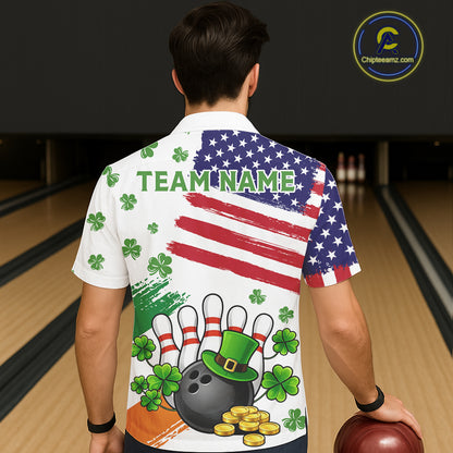 American Flag St Patrick's Day Clover Bowling Hawaiian shirts Custom team bowling button up shirt NQS11452