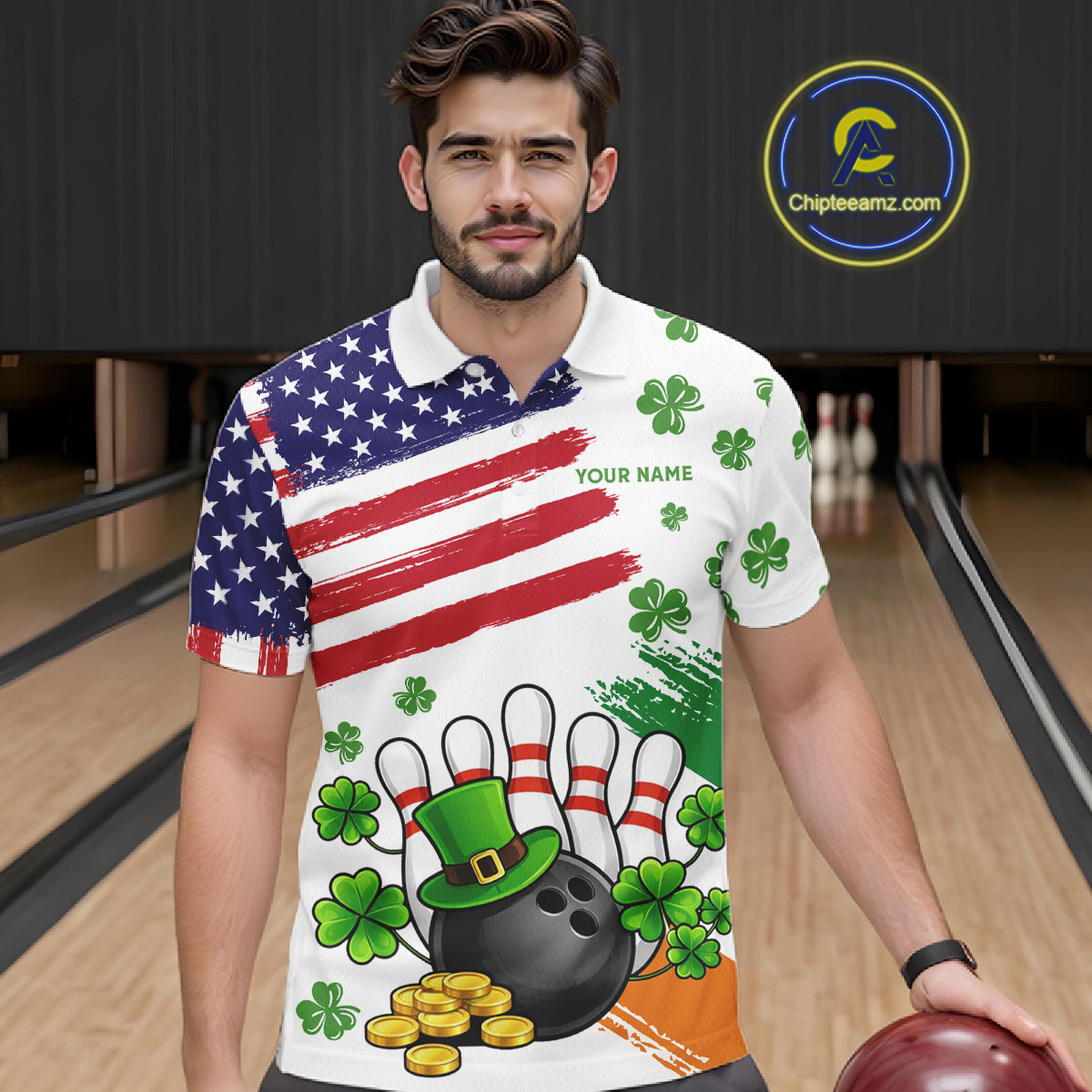 American Flag St Patrick's Day Clover Bowling polo, 1/4 zip shirt for men Custom team bowling jersey NQS11452