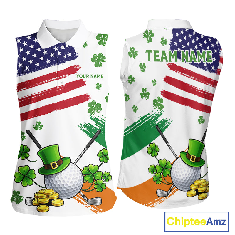 American Flag St Patrick's Day Clover Ladies Sleeveless Golf tops Custom patriotic women golf shirts NQS11453