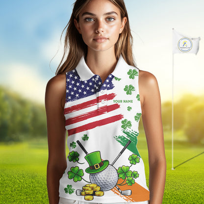 American Flag St Patrick's Day Clover Ladies Sleeveless Golf tops Custom patriotic women golf shirts NQS11453