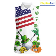 Load image into Gallery viewer, American Flag St Patrick's Day Clover Ladies Sleeveless Golf tops Custom patriotic women golf shirts NQS11453