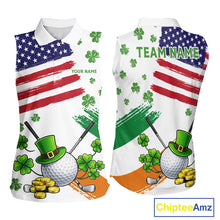 Load image into Gallery viewer, American Flag St Patrick's Day Clover Ladies Sleeveless Golf tops Custom patriotic women golf shirts NQS11453
