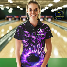 Load image into Gallery viewer, Custom Black and Purple Lightning Thunder Skull Dragon Bowling Shirts For Women, Team Bowling Jerseys NQS11641