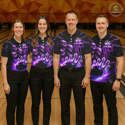 Custom Black and Purple Lightning Thunder Skull Dragon Bowling Shirts For Men, Team Bowling Jerseys NQS11641