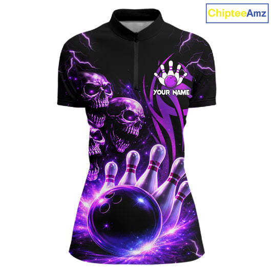 Custom Black and Purple Lightning Thunder Skull Dragon Bowling Shirts For Women, Team Bowling Jerseys NQS11641