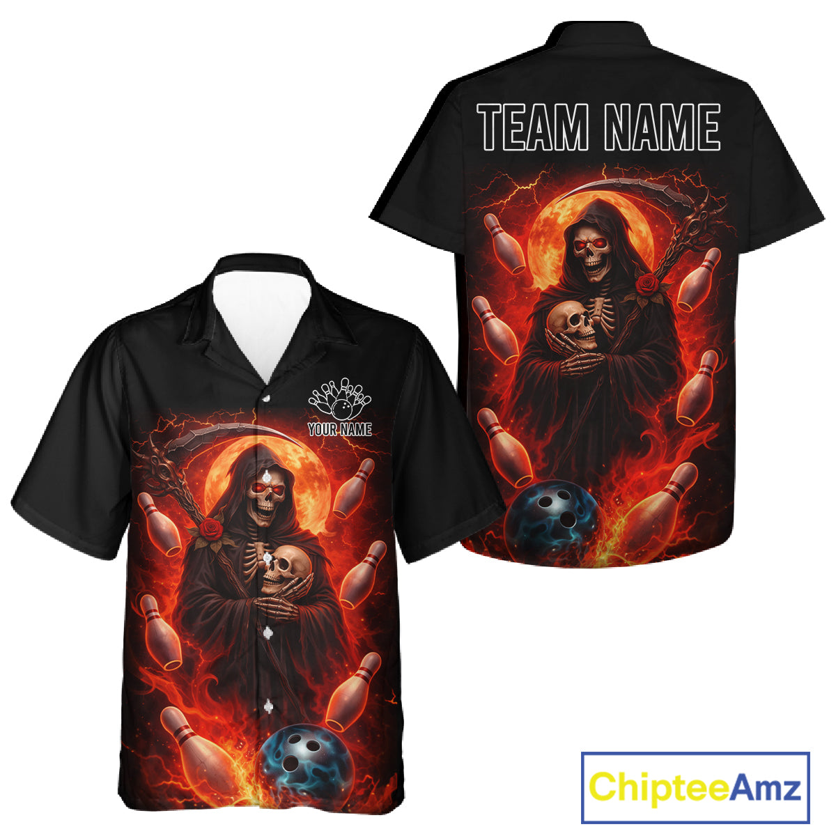 Black & Orange Lightning Thunder Moon Reaper Bowling Button-up Shirt Custom Skull Team Bowling Jersey NQS11643