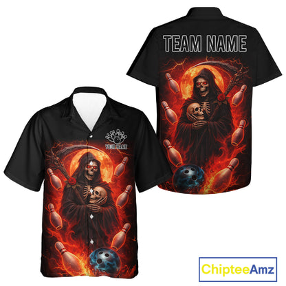 Black & Orange Lightning Thunder Moon Reaper Bowling Button-up Shirt Custom Skull Team Bowling Jersey NQS11643