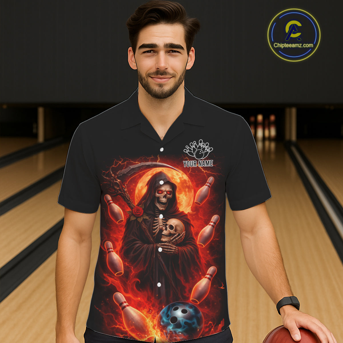 Black & Orange Lightning Thunder Moon Reaper Bowling Button-up Shirt Custom Skull Team Bowling Jersey NQS11643