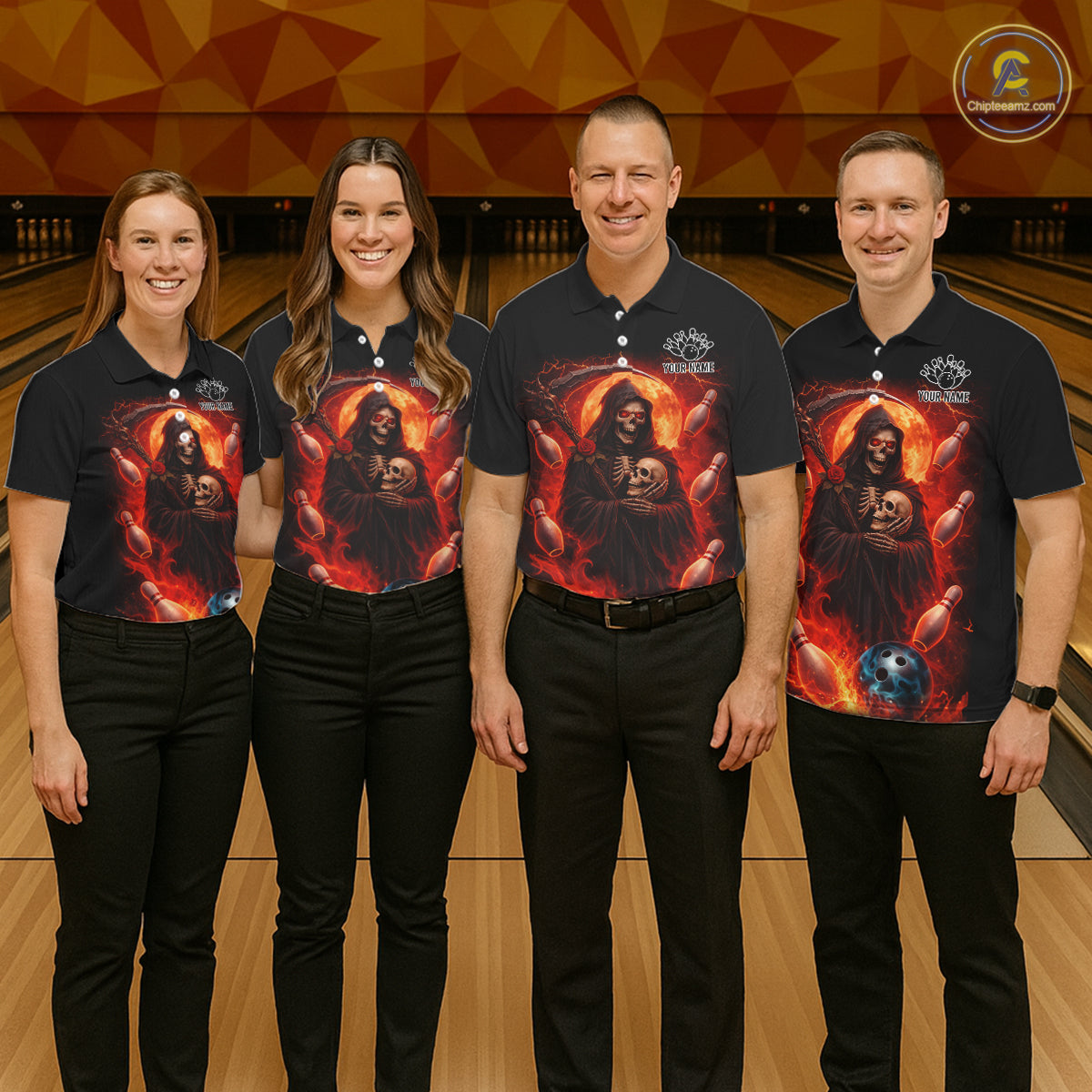 Black & Orange Lightning Thunder Moon Reaper Bowling Shirt For Women Custom Skull Team Bowling Jersey NQS11643