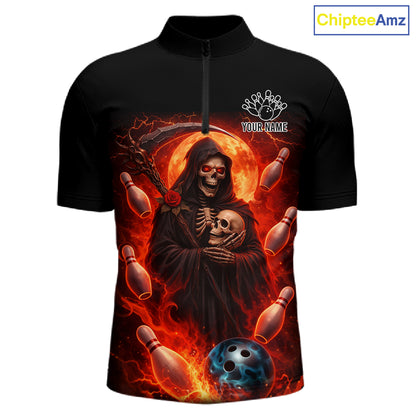 Black & Orange Lightning Thunder Moon Reaper Bowling Shirts For Men Custom Skull Team Bowling Jerseys NQS11643