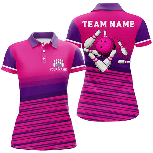 Pink pattern bowling ball pins custom Women Bowling Polo Shirts, team bowling jerseys gift for bowler NQS7466