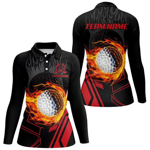 Black and red Flame golf ball fire Womens golf polo shirt custom cool golf attire for women NQS8048