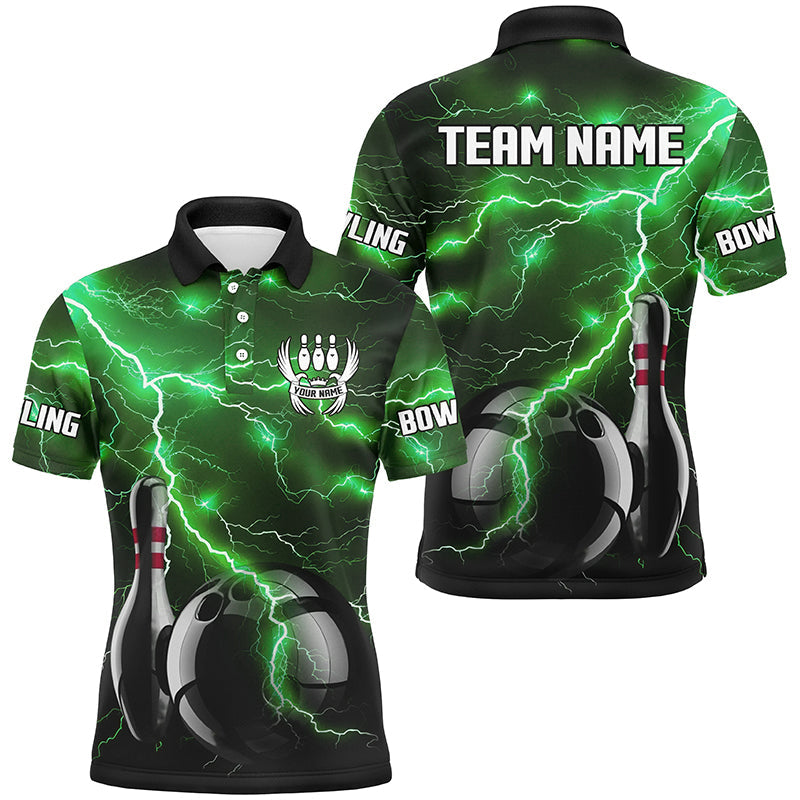 Green Lightning Thunder Black Bowling Polo, Quarter zip Shirt for men custom storm bowling team jersey NQS8457