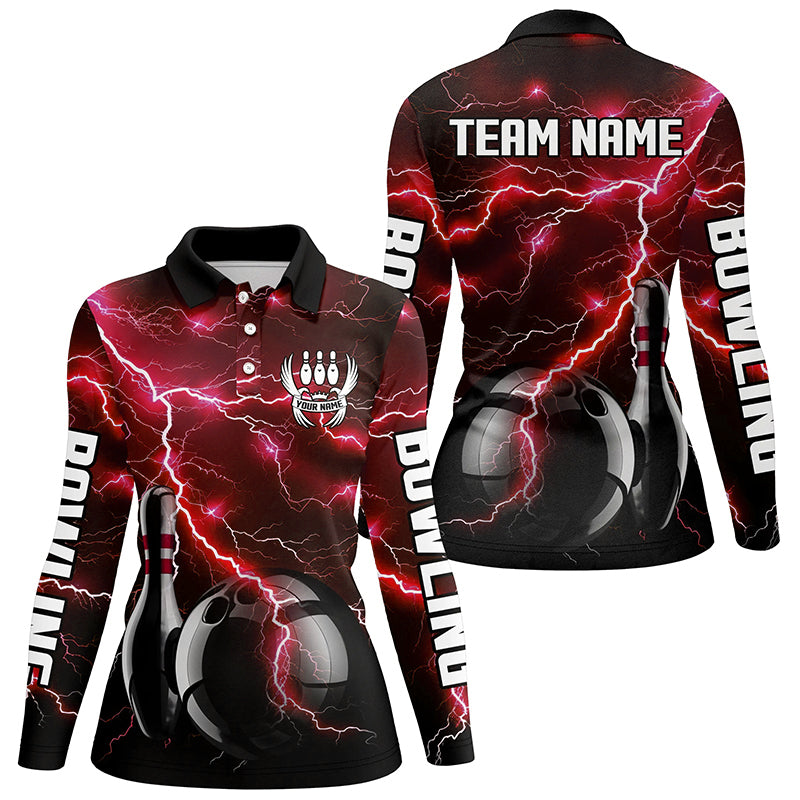Red Lightning Thunder Black Women Bowling Polo, Quarter zip Shirt custom storm bowling team jerseys NQS8458