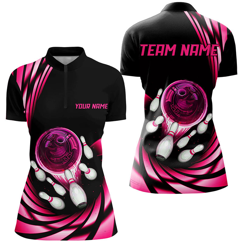 Bowling Polo, Quarter zip Shirt For Women custom bowling team jerseys, bowling league shirts | Pink NQS8462