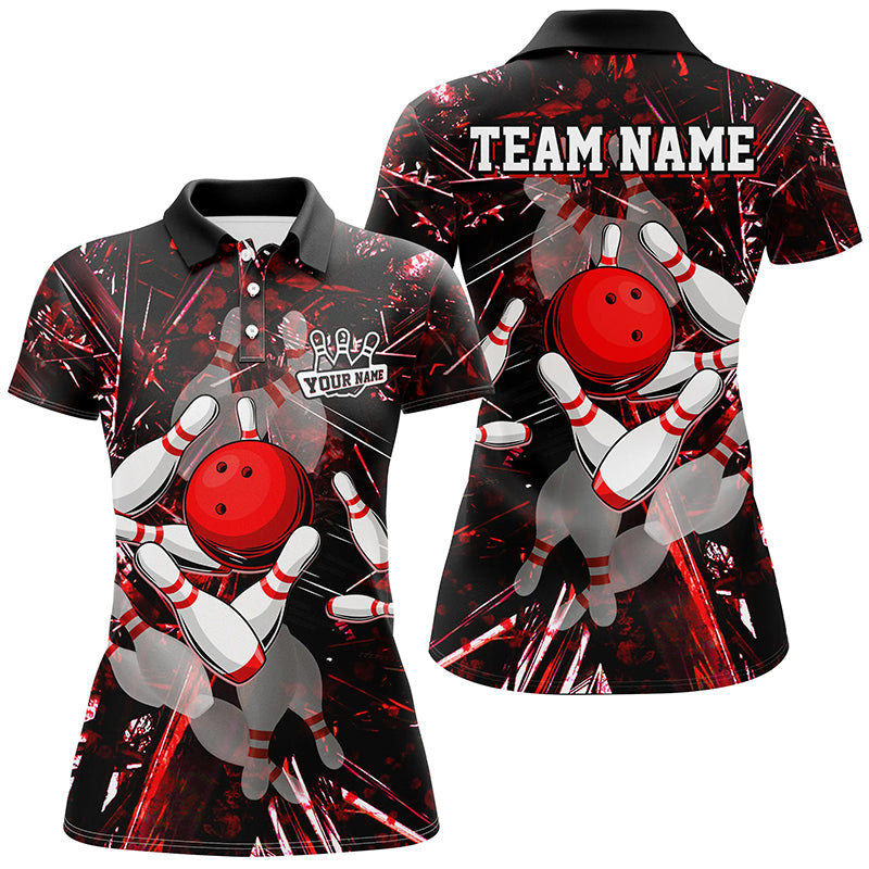 Red Camo Bowling Polo, Quarter zip Shirt For Women custom bowling team jerseys, bowling league shirts NQS8463