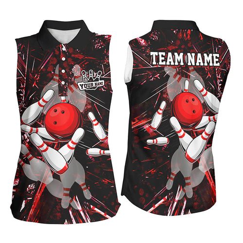 Red Camo Women Bowling Sleeveless Polo Shirt custom bowling team jerseys, ladies bowling league shirts NQS8463