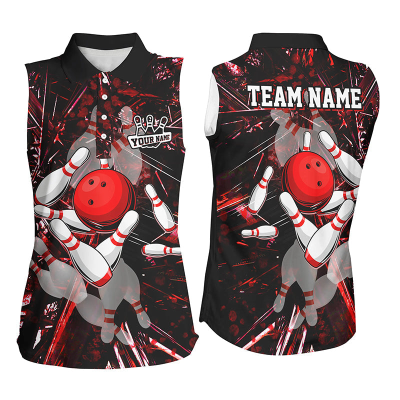 Red Camo Women Bowling Sleeveless Polo Shirt custom bowling team jerseys, ladies bowling league shirts NQS8463