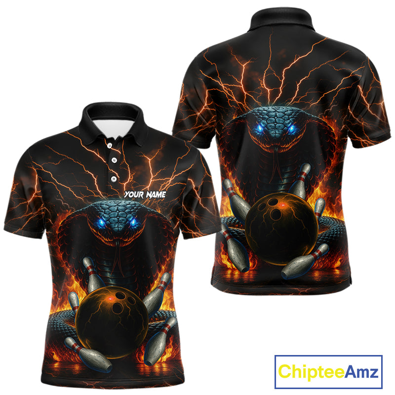 Personalized Orange Flame Thunder Lightning Cobra Snake Bowling Shirt For Men, Bowling Team Jerseys NQS10641