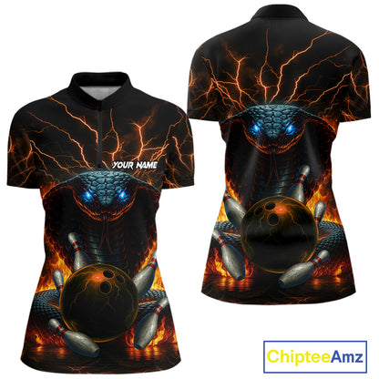 Personalized Orange Flame Thunder Lightning Cobra Snake Bowling Shirt For Women, Bowling Team Jerseys NQS10641