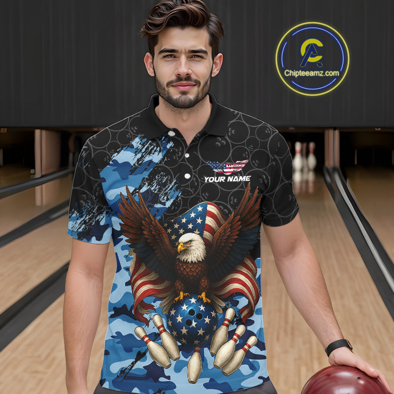 Black and Blue Camo American Flag Eagle Bowling Shirts For Men Custom Patriotic Team Bowling Jersey NQS10644