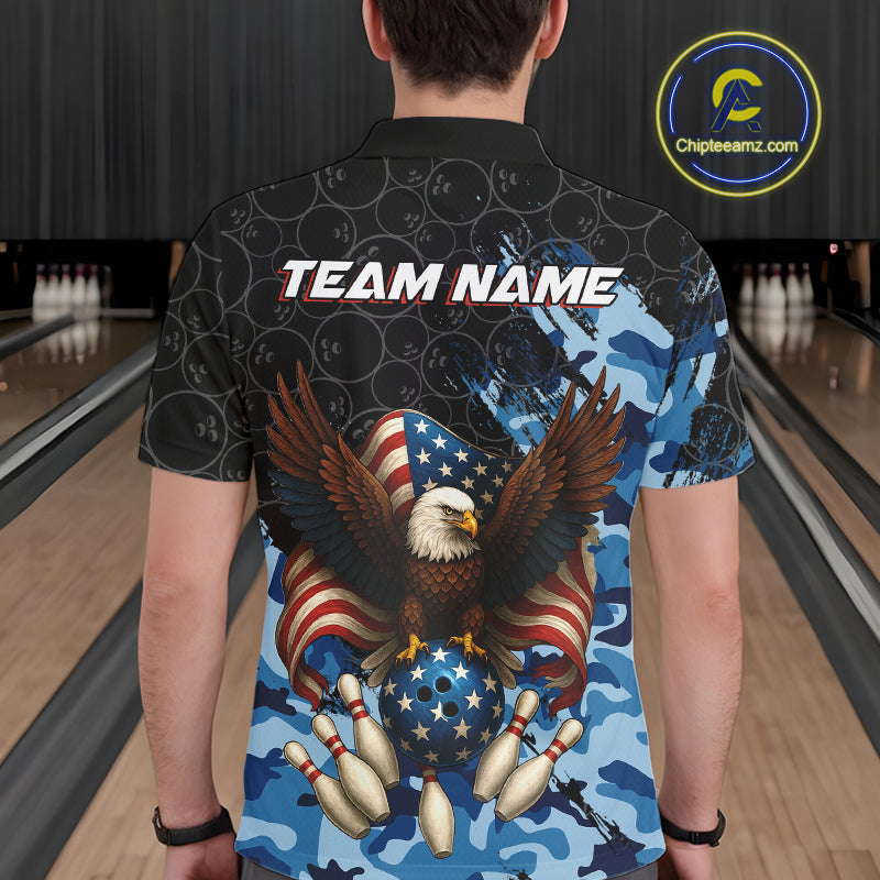 Black and Blue Camo American Flag Eagle Bowling Shirts For Men Custom Patriotic Team Bowling Jersey NQS10644