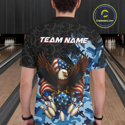 Black and Blue Camo American Flag Eagle Bowling Shirts For Men Custom Patriotic Team Bowling Jersey NQS10644