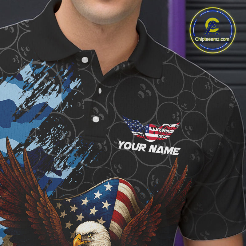 Black and Blue Camo American Flag Eagle Bowling Shirts For Men Custom Patriotic Team Bowling Jersey NQS10644