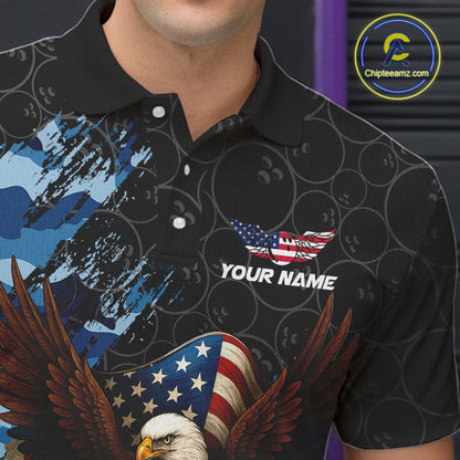 Black and Blue Camo American Flag Eagle Bowling Shirts For Men Custom Patriotic Team Bowling Jersey NQS10644