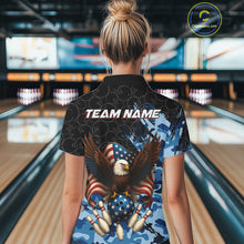 Load image into Gallery viewer, Black and Blue Camo American Flag Eagle Bowling Shirt For Women Custom Patriotic Team Bowling Jersey NQS10644
