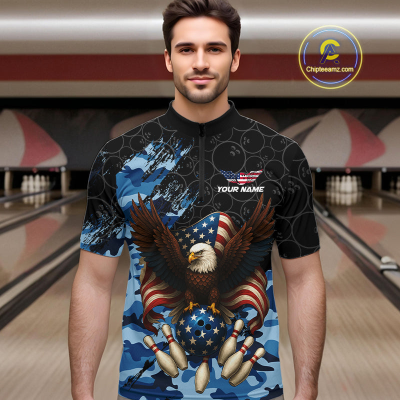 Black and Blue Camo American Flag Eagle Bowling Shirts For Men Custom Patriotic Team Bowling Jersey NQS10644