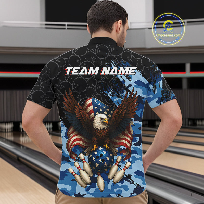 Black and Blue Camo American Flag Eagle Bowling Shirts For Men Custom Patriotic Team Bowling Jersey NQS10644