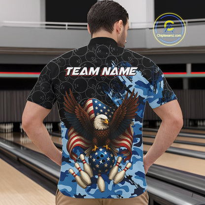 Black and Blue Camo American Flag Eagle Bowling Shirts For Men Custom Patriotic Team Bowling Jersey NQS10644