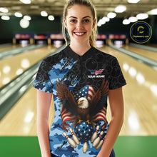 Load image into Gallery viewer, Black and Blue Camo American Flag Eagle Bowling Shirt For Women Custom Patriotic Team Bowling Jersey NQS10644