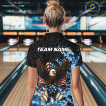 Load image into Gallery viewer, Black and Blue Camo American Flag Eagle Bowling Shirt For Women Custom Patriotic Team Bowling Jersey NQS10644