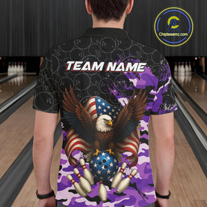 Black and Purple Camo American Flag Eagle Bowling Shirts For Men Custom Patriotic Team Bowling Jersey NQS10645