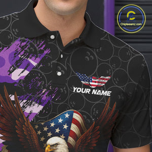 Black and Purple Camo American Flag Eagle Bowling Shirts For Men Custom Patriotic Team Bowling Jersey NQS10645