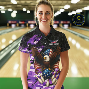 Black & Purple Camo American Flag Eagle Bowling Shirt For Women Custom Patriotic Team Bowling Jersey NQS10645