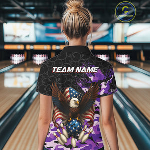 Black & Purple Camo American Flag Eagle Bowling Shirt For Women Custom Patriotic Team Bowling Jersey NQS10645