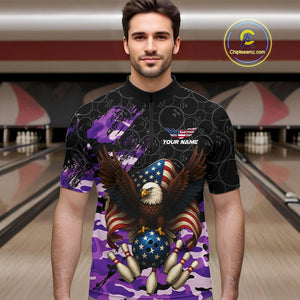 Black and Purple Camo American Flag Eagle Bowling Shirts For Men Custom Patriotic Team Bowling Jersey NQS10645