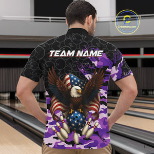 Black and Purple Camo American Flag Eagle Bowling Shirts For Men Custom Patriotic Team Bowling Jersey NQS10645