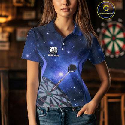 Blue galaxy space pattern Darts Polo, Quarter zip Shirts For Women Custom Team Darts Jersey Outfit NQS10876
