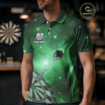 Green galaxy space pattern Darts Polo, Quarter zip Shirts For Men Custom Team Darts Jersey Outfit NQS10877