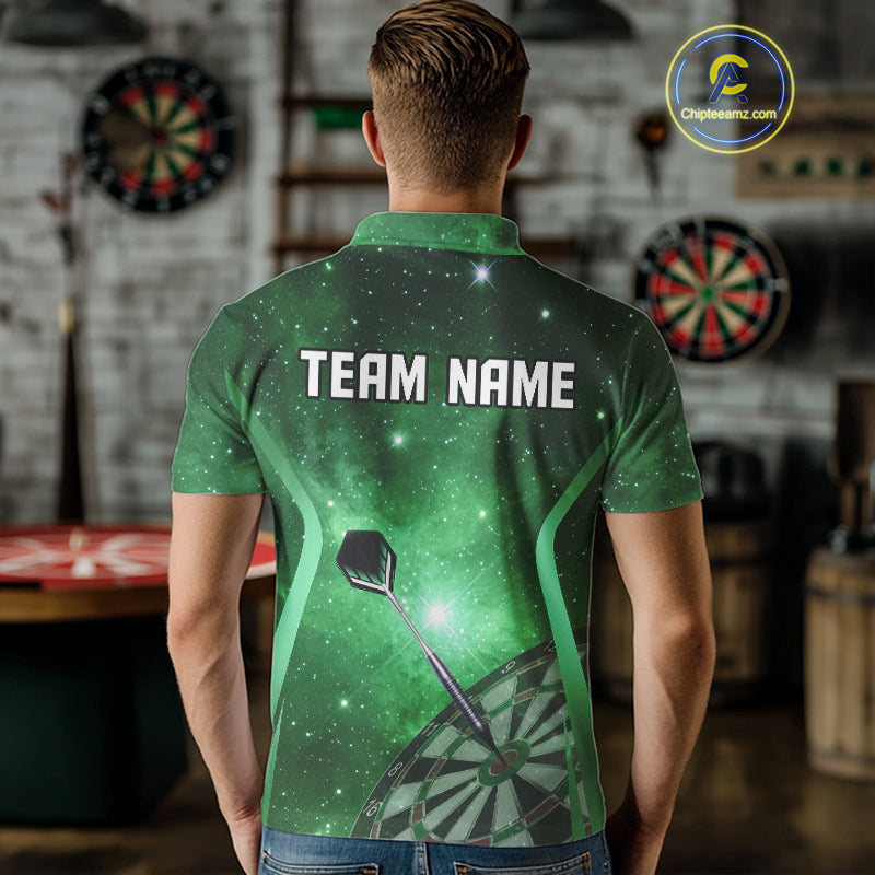 Green galaxy space pattern Darts Polo, Quarter zip Shirts For Men Custom Team Darts Jersey Outfit NQS10877